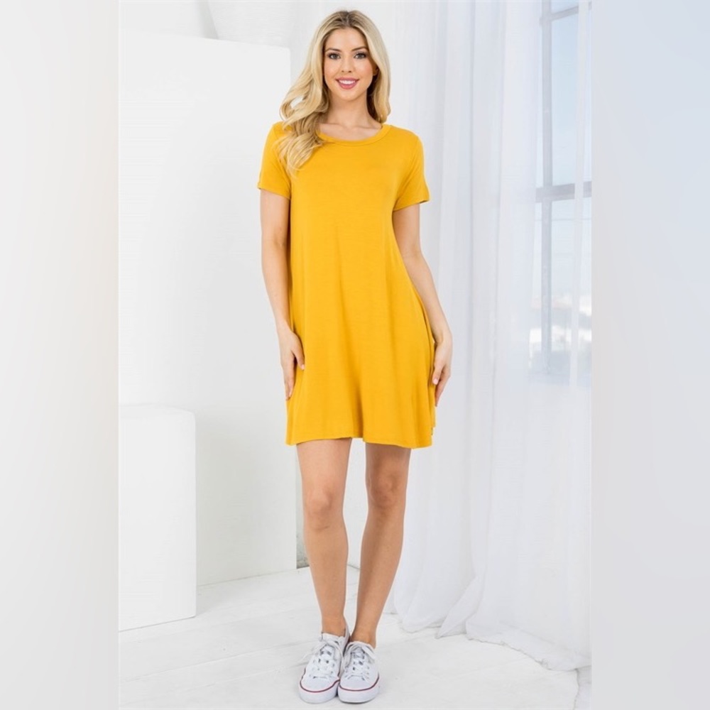 S M L MUSTARD ROUND NECKLINE RUFFLE SHIRT DRESS